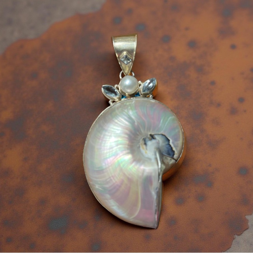 This is a Large Pendant 925 sterling silver mother-of-pearl nautilus shell - Picture 2 of 8